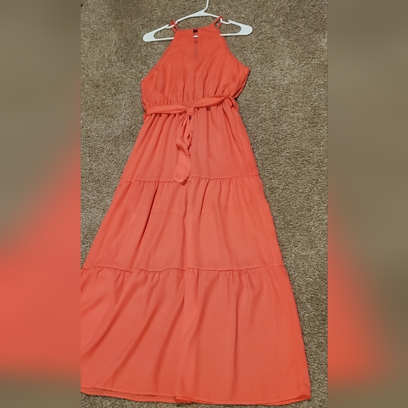 NWOT Bright Coral Sleeveless Flowy Maxi Dress With Tie - Picture 2 of 6
